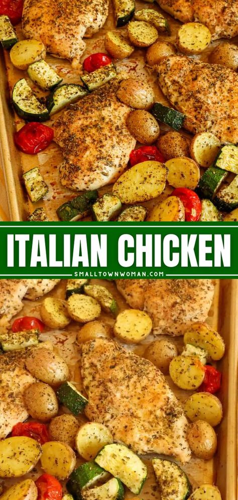 Your family will love this meat main dish! It's an easy dinner idea on a sheet pan. Baked with fresh vegetables, these Italian chicken breasts are delicious! Try this chicken recipe for dinner! Chicken Recipe For Dinner, Pan Chicken Breast, Italian Baked Chicken, Sheet Pan Meals Chicken, Sheet Pan Dinners Chicken, American Foods, Easy Sheet Pan Dinners, Recipe For Dinner, Chicken And Veggies