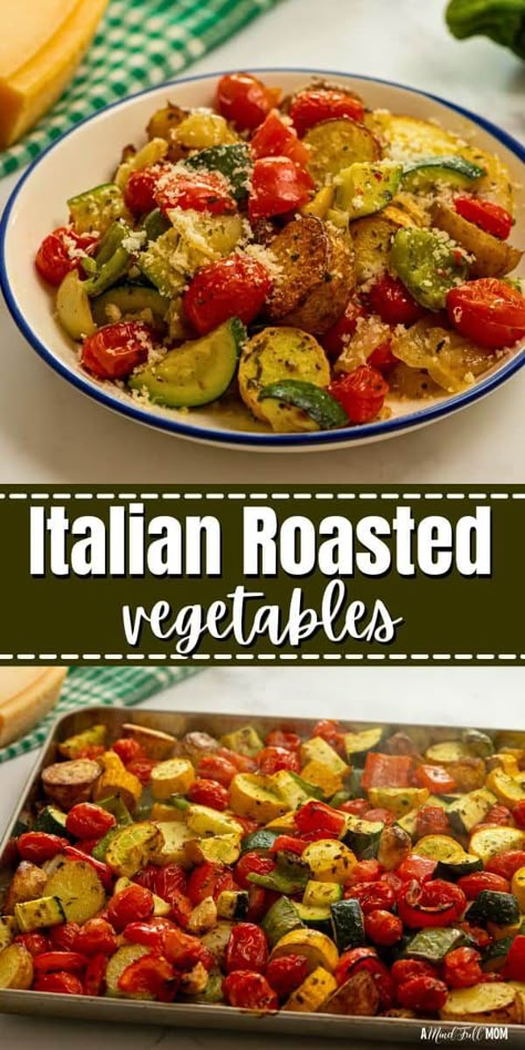 Looking for an easy and flavorful vegetable side dish? Make these Italian Roasted Vegetables! Potatoes, squash, peppers, and tomatoes are seasoned to perfection, then roasted until perfectly caramelized. These easy oven-roasted vegetables are packed with flavor and make with a simple side dish to endless meals. In Season Vegetables, Roasted Vegetables Casserole, Baked Vegetables Oven, Oven Roasted Mediterranean Vegetables, Squash And Zucchini Recipes Oven, Italian Roasted Veggies, Favorite Vegetable Side Dishes, Italian Grilled Vegetables, Low Carb Roasted Vegetables