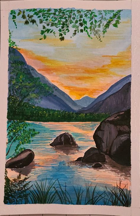 Nice Landscape Painting, Landscape Ideas To Draw, Painting View Nature, Canvas Painting Ideas Landscape Easy, Landscape Drawings Color, Things To Paint Landscapes, Landscape Art Colored Pencil, Big Watercolor Painting Art Projects, Landscape Ideas Drawing Coloring