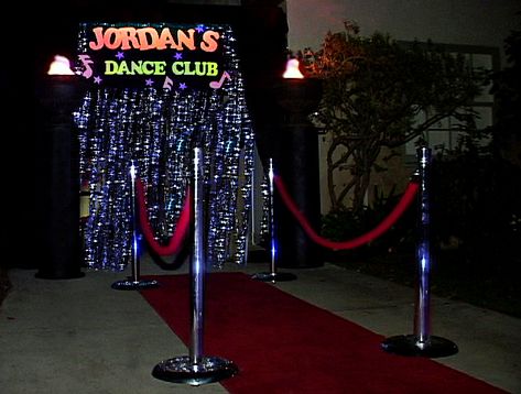 decor entrance Dance Club Birthday Party Ideas, Club Themes Party, Diy Night Club Decor Party Ideas, Night Club Prom Theme, Club Birthday Party Ideas Night, Night Club Theme Party Ideas At Home, Night Club Birthday Theme, 21st Birthday Club Theme, Sweet 16 Night Club Theme