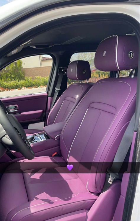 Purple Rolls Royce Interior, Rolls Royce Truck Interior, Purple Inside Car, Rolls Royce Aesthetic Interior, Purple Car Interior Accessories, Purple Car Seats, Dark Purple Car Interior, Lilac Car Interior, Light Purple Car Interior