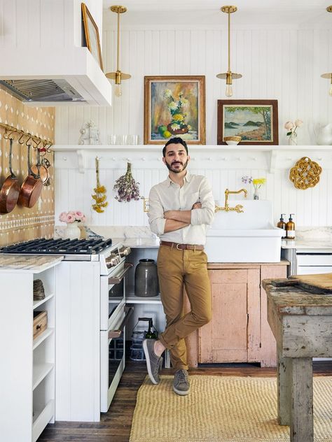 Zio & Sons’ Anthony D’Argenzio Reveals His Vintage-Studded Kitchen Real French Kitchen, Art Above Sink, Simple French Kitchen, Deconstructed Kitchen Ideas, Vintage Kitchen Storage Ideas, Tiny French Kitchen, Martha Stewart Kitchen Design, Vintage European Kitchen, Vintage Contemporary Kitchen