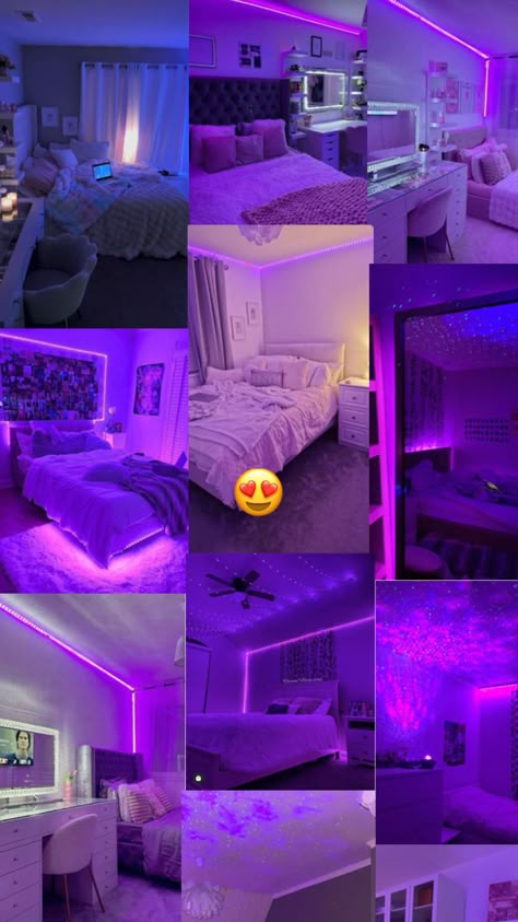 Purple Wall Room Decor, Latina Bedroom Decor, Led Lights Bedroom Aesthetic Pictures, My Dream Room Led Lights, Room Decor Bedroom Aesthetic Led Lights, Small Baddie Bedroom Ideas, Room Glow Up Ideas, Room Ideas Bedroom Led Lights, My Dream Room Ideas