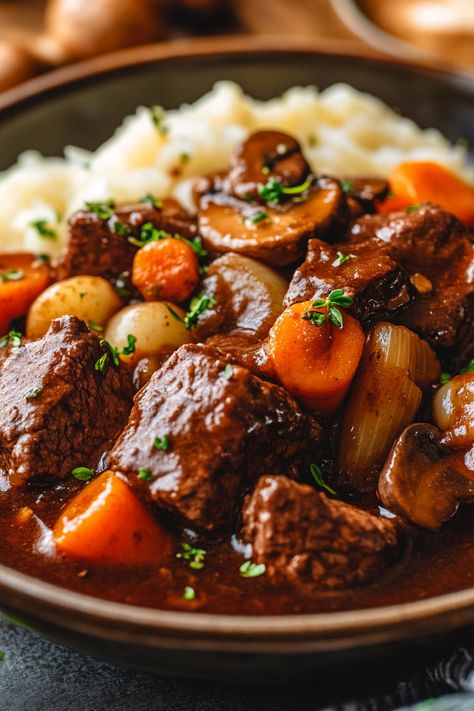 Ree Drummond Beef Bourguignon, Beef Bourguignon Stovetop, Beef Borginoine Crockpot, Beef Burgonione Recipe, Beef Bourgeois, French Beef Recipes, Easy French Food Recipes, French Beef Bourguignon, Instant Pot Beef Bourguignon