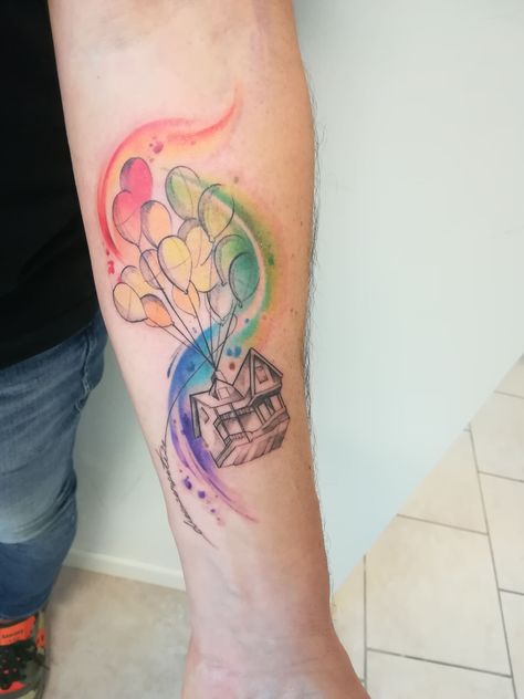 Disney Up Tattoo, Up House Tattoo, Inside Out Tattoo, Disney Watercolour, Up Movie House, Disney Watercolor Tattoo, Harry Potter Tattoo Sleeve, Watercolor Tattoo Sleeve, Unique Hand Tattoos