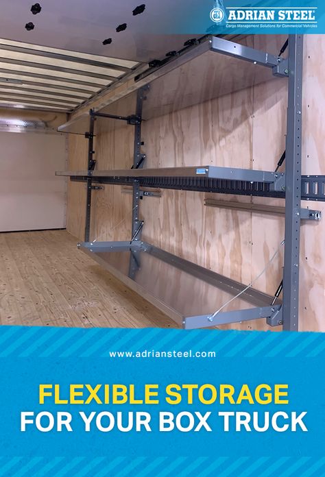 #AdrianSteel Box Truck Folding Shelving provides the flexibility to change your shelves depending on the cargo you are carrying. #BoxTruckShelving #FoldingShelving Box Truck Storage Ideas, Box Truck Shelving Ideas, Enclosed Trailer Workshop, Trailer Shelving Ideas Enclosed, Cargo Trailer Storage Ideas, Cargo Van Shelving Ideas, Cargo Trailer Shelving Ideas, Enclosed Trailer Shelving Ideas, Work Van Storage Ideas