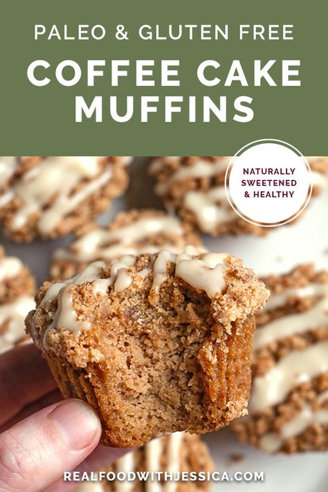 Paleo Coffee Cake Muffins - Real Food with Jessica Coffee Cake Muffins Healthy, Betr Diet, Gluten Free Coffee Cake Muffins, Paleo Muffin, Paleo Coffee Cake, Paleo Coffee, Gluten Free Coffee Cake, Vegan Banana Muffins, Paleo Breads