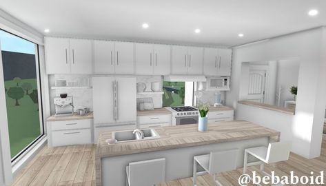 Simple Bloxburg Kitchen, Bloxburg House Decor Ideas Kitchen, Bloxburg Apartment Kitchen Ideas, Cute Kitchen Bloxburg, House Ideas Bloxburg Exterior, Clean Girl Bloxburg House, Cute Bloxburg Kitchen Ideas, Small Bloxburg Kitchen, Bloxburg Apartment Layout Exterior