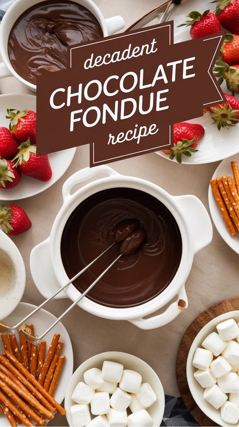 Chocolate fondue with strawberries, pretzels, and marshmallows arranged around a pot. Melting Pot Chocolate Fondue Recipe, How To Make Chocolate Fondue, Copycat Melting Pot Chocolate Fondue, Milk Chocolate Fondue Recipe, Fondue Sauces Recipes, Fondue Dessert Bar, Crock Pot Chocolate Fondue, Best Chocolate Fondue Recipe, Crockpot Fondue Chocolate