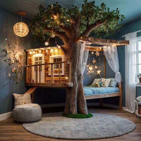 Whimsical Bedroom Kids, Whimsical Kids Room, Treehouse Bedroom, Treehouse Bed, Whimsical Treehouse, Child Bedroom, Vibrant Decor, Star Lights, Latest Interior Design Trends