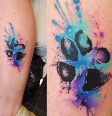 Paw print tattoo with watercolor Watercolor Cat Tattoo, Cat Paw Tattoos, Tatoo Dog, Dog Print Tattoo, Dog Memorial Tattoos, Pawprint Tattoo, Dog Paw Tattoo, Paw Tattoo, Muster Tattoos