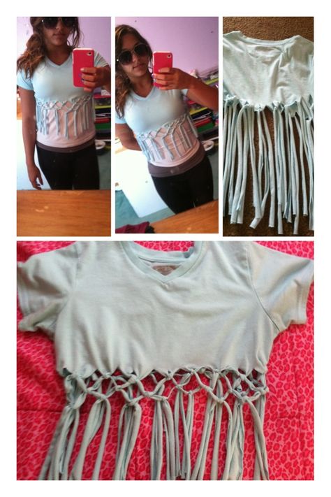 DIY t-shirt in 5 easy steps! 1.) grab an old T-shirt that has potential  2.) draw a horizontal line with a pencil in the middle of the shirt  3.) cut strips from the bottom up to the line 4.) double knot the strands 5.) tie the opposite strands together with a double knot Diy Clothes No Sewing For Teens, T Shirt Recycle, Diy Clothes Tops, Blouses Outfit, Diy Clothes For Women, Tank Tops Diy, Blouse Tutorial, Clothes For Teens, Sewing Blouses