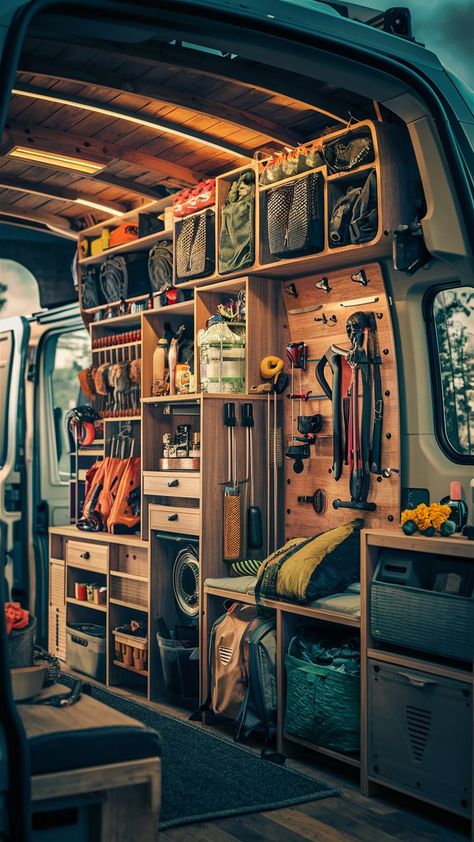 An eco-friendly gear wall with recycled materials and sustainable storage in a van. Van Organization, Gear Wall, Cargo Trailer Camper, Van Storage, Industrial Design Furniture, Storage Systems, Van Living, Travel Van, Pan American