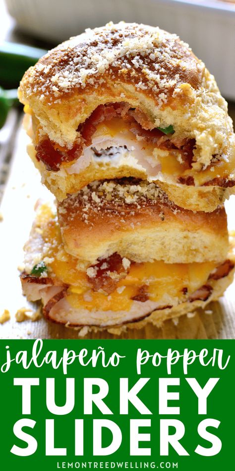 These Jalapeño Popper Baked Turkey Sandwiches are a delicious pairing of two favorites. They combine all the flavors of jalapeño poppers with the ease and simplicity of turkey sliders...all tucked inside deliciously sweet Hawaiian rolls! Perfect for game days or parties! Hawaiian Roll Sliders Pork, Game Day Food Sliders, Turkey Cheddar Sliders On Hawaiian Rolls, Easy Sliders Recipe, Dinner Ideas With Hawaiian Rolls, Turkey Melt Sliders, Turkey And Bacon Sliders, Slider Recipes Hawaiian Rolls Turkey, Air Fryer Sliders Recipes Hawaiian Rolls