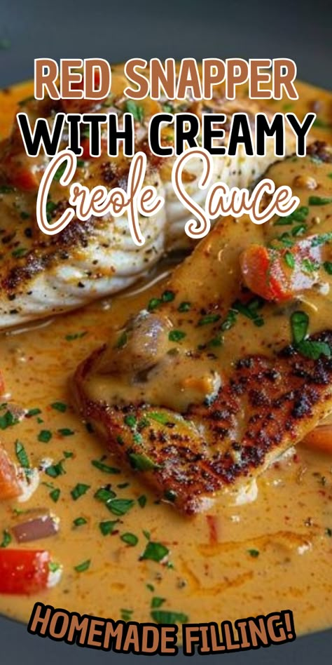 Red Snapper with Creamy Creole Sauce Red Snapper With Creamy Creole, Redfish With Cream Sauce, Red Snapper Mango Salsa, Fish Creole Recipes, Red Snapper Creamy Creole Sauce, Red Snapper Meal Ideas, Healthy Snapper Recipes, Creole Pasta Sauce, Red Snapper With Creole Sauce