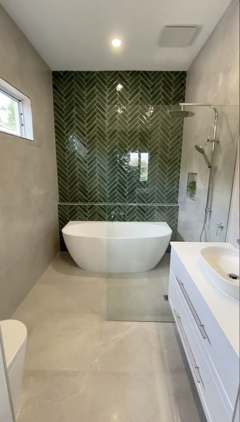 jade green bathroom / wet room Green Tile Ensuite, Green Bathroom White Cabinets, Large Tiled Bathrooms, Green Tile Wet Room, Wet Room Ideas With Bath, Bathroom With Different Tiles, Small Bathroom Uk Ideas, Green Tile Feature Wall Bathroom, Jade Green Bathroom Ideas