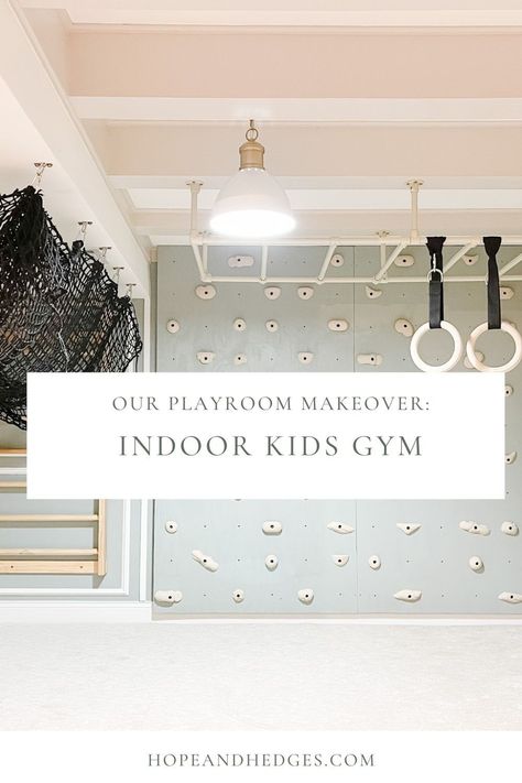 This mom of 6 turned an old basement into a much-loved Indoor Kids Gym featuring a kids climbing wall, climbing wall ladder, cargo net, monkey bars, and rings. A basement makeover that any kid will love! Let's dive into the details of this kids climbing wall playroom makeover! Basement Kid Storage, Kids Ninja Course Basement, Basement Climbing Gym, Indoor Jungle Gym Diy Basement, Diy Climbing Wall For Kids Indoor, Kids Playroom Climbing Wall, Basement Climbing Wall, Basement Indoor Playground, Indoor Monkey Bars For Kids