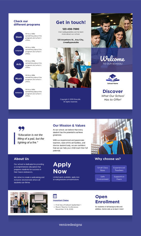 Blue and White School Brochure Brochure Design Education, Trifold Design Ideas, College Brochure Design, Event Brochure Design, Education Brochure Design, Brochure Education, Digital Brochure Design, Elegant Brochure Design, School Brochure Design