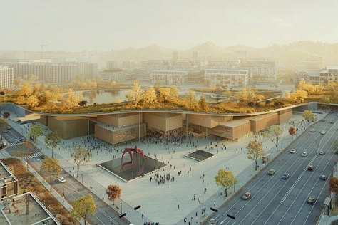 geomdan museum·library cultural hub in korea unfolds like a green ribbon Zen House, Culture Center, House On Stilts, Library Architecture, Conceptual Architecture, Nature Museum, Roof Architecture, Architecture Design Drawing, Timber Structure