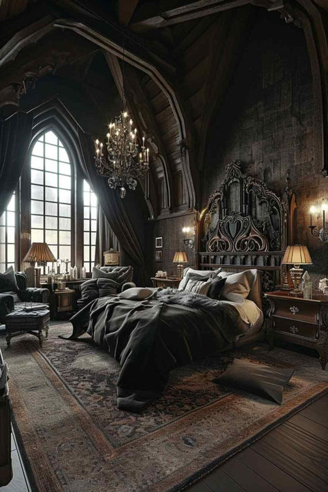 32 Romantic Getaways: Attic Bedrooms Embracing Gothic Elegance Gothic Castle Interior, Gothic Bedroom Ideas, Medieval Bedroom, Hotel Bedroom Design, Royal Bedroom, Castle Bedroom, Fantasy Bedroom, Gothic Bedroom, Modern Gothic