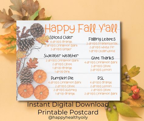 Essential Oil Diffuser Blend Postcard for Fall Essential Oil Mail https://etsy.me/3RU5JX4 #falldiffuserblends #fallpostcard #essentailoil #diffuserpostcard #youngliving #essentialoils #essentialoilmail #essentialoilpostcard #fallscents Yl Fall Diffuser Blends, Diffuser Fall Blends, Fall Essential Oils Blends, Fall Essential Oil Room Spray Blends, Essential Oil Fall Blends For Diffuser, Essential Oils For Fall Smells, Fall Doterra Diffuser Blends, Fall Oils Diffuser Blends, Fall Diffuser Blends Essential Oils