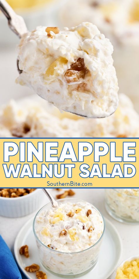 Pineapple Walnut Salad Pineapple Fruit Salad Recipes, Recipes For Pineapple, Cold Salads For Parties Potlucks, Pineapple Walnut Salad, Salad With Pineapple Recipe, Jello Salads Recipes, Walnut Salad Recipes, Pineapple Walnut Delight, Pineapple Salad Recipes Cool Whip