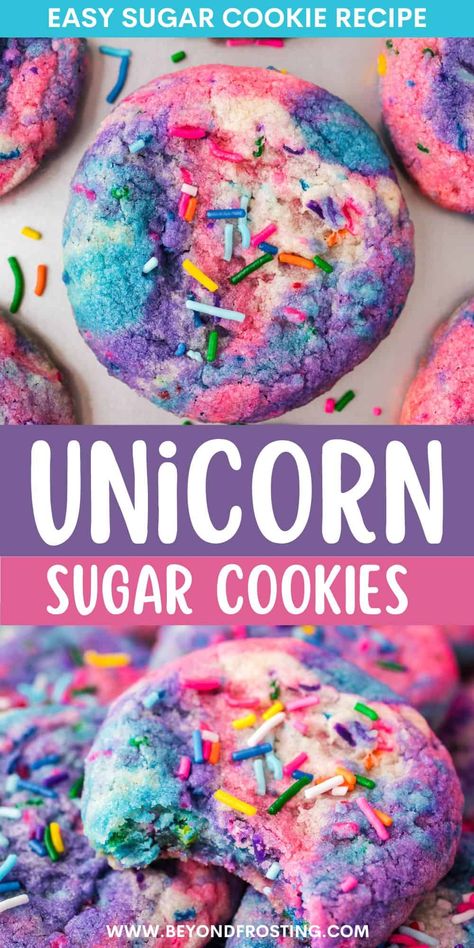 Unicorn Baking Ideas, Easy Unicorn Cookies, Easy Fancy Cookies, Birthday Cake Sugar Cookies, Fun Baking Recipes For Kids, Kids Baking Ideas, Rainbow Biscuits, Rainbow Unicorn Cookies, Rainbow Cookie Cake Recipe