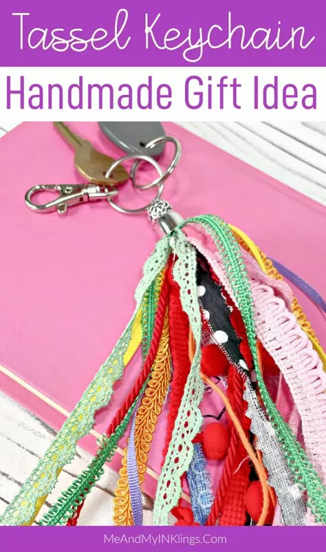 DIY Tassel Keychain Handmade Gift Idea DIY Tassel Keyring Tutorial to Make Using Pieces of Ribbon, Trim and Fabric Scraps - Creates great easy to make gifts for friends #diy #tassel #handmadegiftidea Fabric Scrap Keychain, Tassel Keychain Diy How To Make, Ribbon Embellishments Diy, How To Make Tassel Keychain, Boho Keychain Diy Tutorial, Diy Ribbon Tassel Keychain, Diy Tassel Keychain Tutorials, Making Key Chains, Fabric Tassels Diy