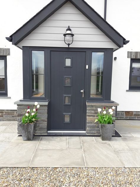 Anthracite Grey Front Door Porch, Porch Cladding Ideas, Grey Cladding House Exterior, Grey Porch Ideas, Light Grey Cladding Exterior, Cladding House Exterior Uk, Front Door Cladding, Cladded Porch Entrance, Front Porch Cladding