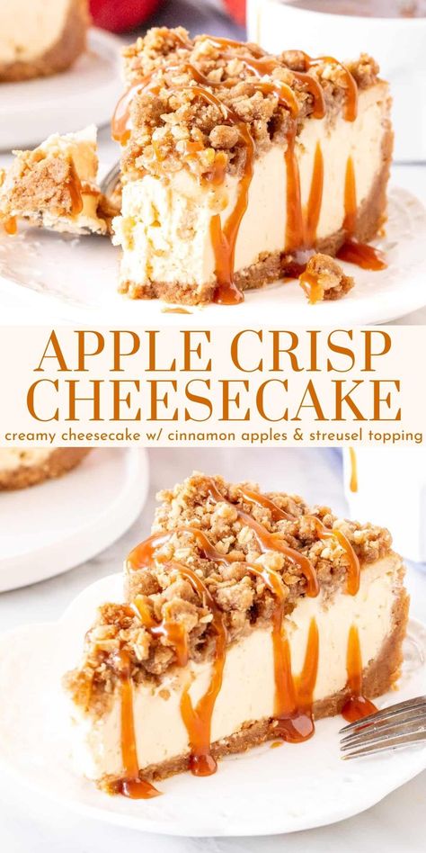 This amazing Apple Crisp Cheesecake is the ultimate dessert that's extra special and truly unique! It has the creamiest cheesecake with a thick cinnamon graham crust. Then there's a layer of cinnamon apples with streusel on top. #applecinnamon #applecrisp #cheesecake #recipe #caramel from Just So Tasty https://www.justsotasty.com/apple-crisp-cheesecake/ Caramel Apple Streusel Cheesecake, Carmel Apple Crisp Cheesecake Pie, Apple Cheesecake Streusel, Over The Top Cheesecake, Healthy Apple Cheesecake, Amazing Dessert Recipes Homemade, Homemade Halloween Desserts, Carmel Apple Crisp Cheesecake Recipe, Cheesecake Apple Crisp