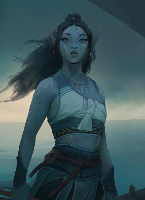 Sea Elf Aesthetic, Dnd Water Genasi Female, Sea Elf Dnd, Sea Elf Female Dnd, Dnd Armour, Character Inspo Female, Sea Elves, Oc Ideas Inspiration, Monk Dnd