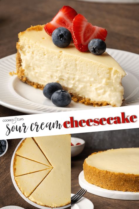 This classic Sour Cream Cheesecake recipe is the ultimate effortless dessert. Indulge in a slice that’s light, rich, and creamy all at once! Cake Recipe With Sour Cream, Cheesecake Simple, Recipes Using Sour Cream, Cream Cheese Cake Recipes, Easy Cheesecake Recipe, Cream Cheese Cheesecake, Creamy Cheesecake Recipe, Sour Cream Desserts, Sour Cream Cheesecake