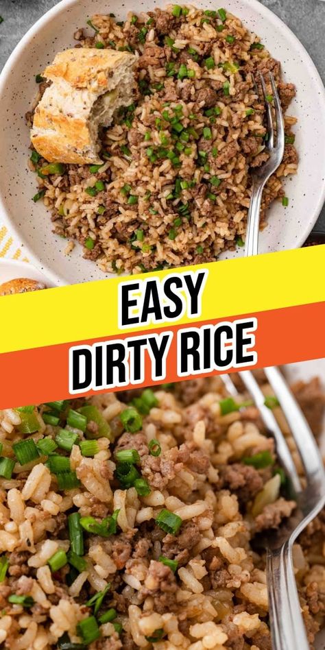 Easy Dirty Rice recipe for the classic Southern favorite! Savory hearty rice filled with ground beef, sausage, veggies, and Cajun flavor! Beef And Couscous Recipe, Ground Turkey Dirty Rice, Ground Beef Couscous, Ground Beef And Instant Rice Recipes, Quinoa And Ground Beef Recipes, Dinner With Ground Sausage, Flavorful Rice Recipes, Cajun Rice And Beans, Dirty Rice Recipe With Sausage