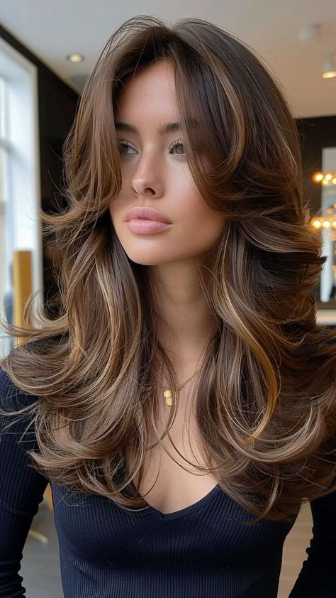 Medium Length Hair With Layers Color Ideas, Blowout Hair With Curtain Bangs, Haïr Style Middle Hair, Bouncy Layered Haircut, Curved Bangs Long Hair, Chic Haircut Medium, Hairstyle For Photoshoot Ideas, Hairstyles Trend 2024 Women, Blowout Wavy Hair