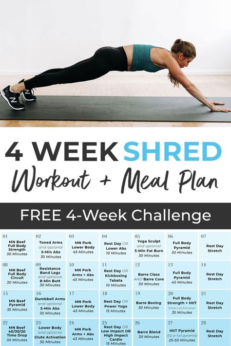 Download your FREE, 4 Week Workout Plan (and healthy eating meal plan)! New workouts daily, with guided workout videos on YouTube, designed to get you fitter and stronger at home in just 28 days. From full body dumbbell strength training to HIIT cardio and yoga sculpt; every workout is 45 minutes or less! You're just 28 days away from a fitter, stronger you! 4 Week Strength Training Plan, 4 Week Fitness Challenge, Free 28 Day Workout Challenge, 4 Week Workout Plan At Home, Mum Tum Workout, 4 Week Shred, Daily Workout Plan At Home, Banded Workouts, Mirror Workout