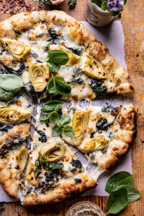 Spinach and Artichoke Pizza with Cheesy Bread Crust. Spinach Artichoke Pizza, Bread Crust, Artichoke Pizza, Parmesan Pizza, Half Baked Harvest Recipes, Bacon Pizza, Naan Pizza, Cheesy Bread, Harvest Recipes