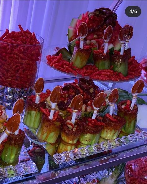 Mexican Dessert Table, Mexican Snack Foods, Sweet 15 Party Ideas Quinceanera, My Quinceanera, Mexican Treats, Green Quince, Red Quince, Quinceanera Planning, Mexican Snacks