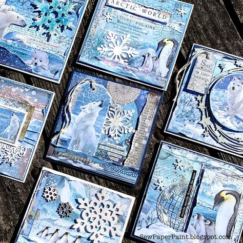 SewPaperPaint: Stamperia Arctic Antarctic Cards Mixed Media Christmas Cards, Stamperia Paper, Stamperia Cards, Dimensional Cards, Card Sketches Templates, Collage Cards, Mixed Media Art Tutorials, Art Trading Cards, Simple Christmas Cards