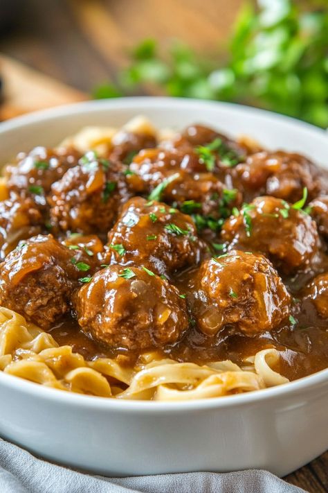 Salisbury Meatballs Crockpot, Frozen Meatballs Crockpot, Meatball Meals, Salisbury Meatballs, Fried Chicken Batter, Meatballs Crockpot, Salisbury Steak Meatballs, Slow Cooker Salisbury Steak, Au Gratin Potato Recipes