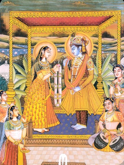 Wedding Miniature Painting, Krishna Flute Painting, Mughal Elements, Flute Painting, Painting Of Radha Krishna, Hindu God Painting, Dev Diwali, Krsna Consciousness, Radha Krishna Paintings