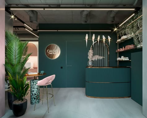 NAILS STUDIO "OASIS" :: Behance Green Salon Ideas, Green Beauty Salon, Architecture Editorial, Coffee Room, Beauty Salon Interior, Beauty Salon Decor, Salon Interior Design, Spa Room, Gold Interior