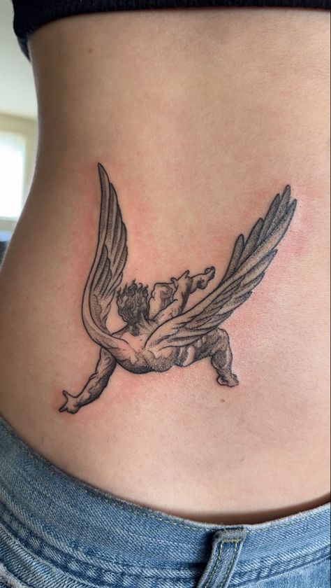 Classical Tattoos For Women, Angels In America Tattoo, Angel Tramp Tattoo, Small Fallen Angel Tattoo, Fall Of Man Tattoo, Torso Tattoos For Guys, Fallen Tattoo Angel, Fallen Angel Tattoo Simple, Fallen Angel Tattoo Meaning