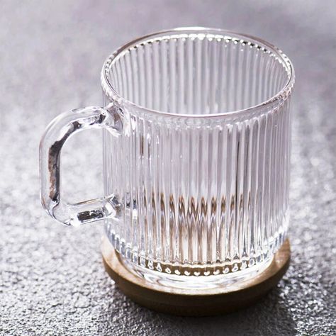 Sturdy Glass Mug With Ribbed Vertical Stripe Pattern and Cute Lid - 1 Coffee Shop Mugs, Ribbed Glasses, Cafe Mugs, Changing Basket, Palm Leaf Plates, Coconut Bowls, Beautiful Mugs, Playstation Controller, Nick Nacks