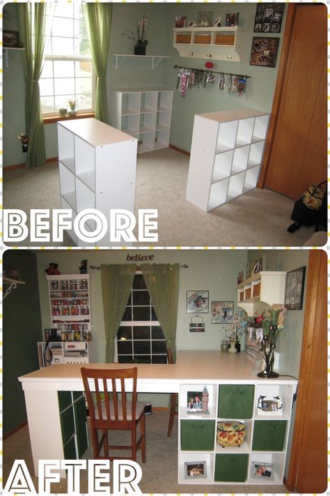 DIY Awesome Four Station Desk on a Budget Diy Crafts Desk, Interior Design Country, Craft Tables With Storage, Craft Room Tables, Cheap Diy Crafts, Craft Table Diy, Dream Craft Room, Craft Room Design, Sewing Room Ideas