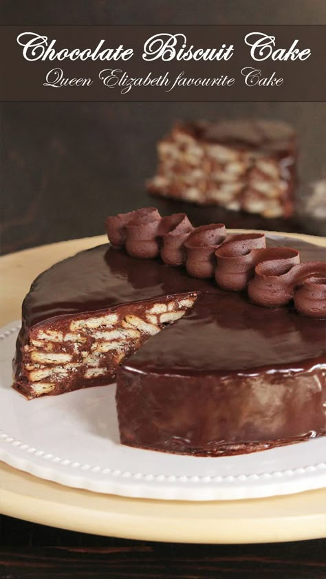 No Bake Chocolate Cake Recipes, Queen Elizabeth Cake Recipe, Biscuit Cake Recipe Simple, Tudor Biscuit Recipe, Queen Elizabeth Cake, English Cake Recipes, Great British Bake Off Recipes Biscuits, No Bake Chocolate Biscuit Cake, Queens Chocolate Biscuit Cake