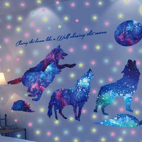 Wolf Room Decor, Teen Bedroom Wall Decor, Wolf Room, Galaxy Bedroom, Galaxy Wolf, Wolf Decor, Wall Sticker Design, Teen Girl Room Decor, Gas Stoves