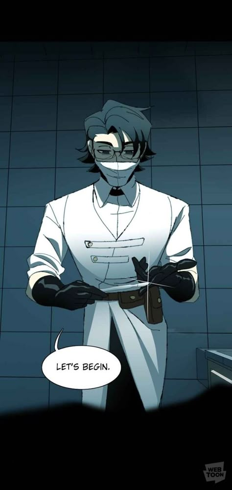 Crazy Doctor Art, Evil Scientist Aesthetic Outfit, Failed Experiment Character Design, Surgeon Character Design, Doctor Drawing Reference, Mad Doctor Aesthetic, Silent Screams Webtoon, Human Experiment Art, Mad Scientist Pose