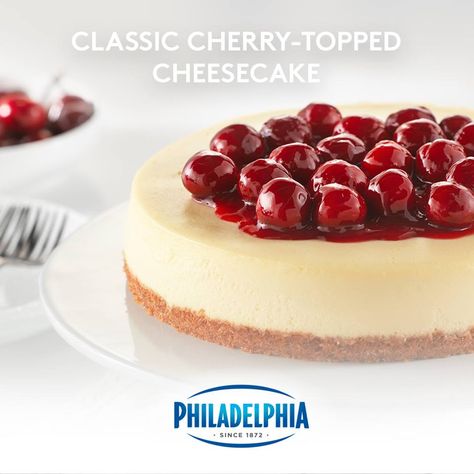 Philadelphia Cream Cheese: No-fail decadent cheesecake recipe #ItMustBeThePhilly Cheesecake Recipes Philadelphia, Philadelphia Cheesecake, Dessert Halloween, Cherry Topping, Cheesecake Recipes Classic, Cheesecake Mini, Classic Cheesecake, Desserts Vegan, Easy Cheesecake Recipes