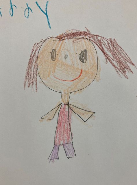 This is an example of an unguided self portrait drawing done by a kindergarten student at the beginning of the school year. Students were asked to draw a picture of themselves using a pencil and crayons. These self portraits are saved until the end of the school year when they can be compared side by side to their end of year self portraits as a way to show how much they have grown as artists. This style is typical of kindergarten drawings of people, with basic shapes and facial features. Kindergarten Self Portraits, Funny Kid Drawings, School Artwork, Kindergarten Drawing, Drawings Of People, Self Portrait Drawing, Character Vibes, Bad Drawings, Bad Art