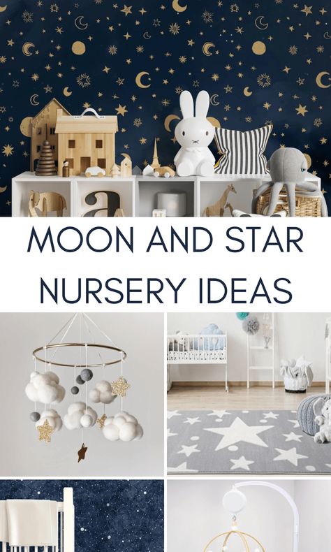 Nursery Themes For Twins, Blue Star Nursery, Twinkle Star Nursery, Star Themed Nursery Gender Neutral, Lunar Nursery Theme, Nursery Themes Sky, Starry Sky Nursery Theme, Star And Cloud Nursery, Space Inspired Nursery